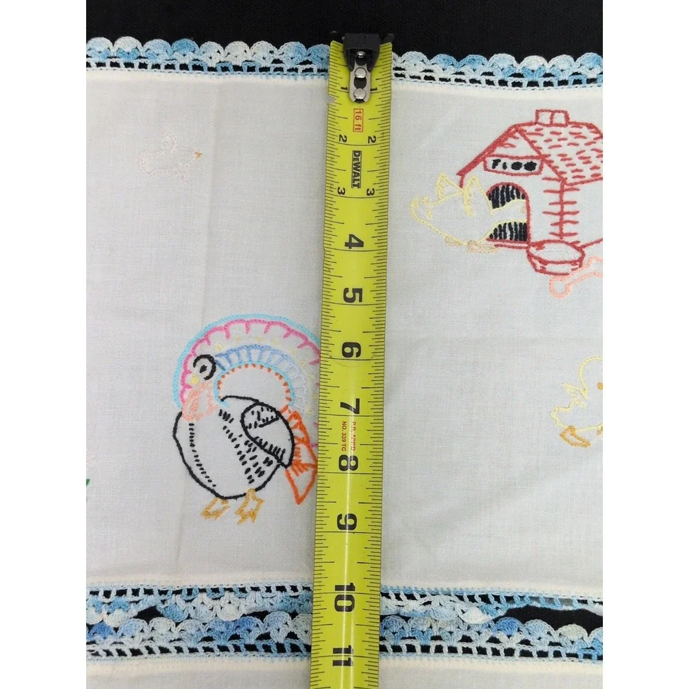 Pair VTG Handmade Embroidered Table Runner Farmhouse Farm Animals Blue Crochet
